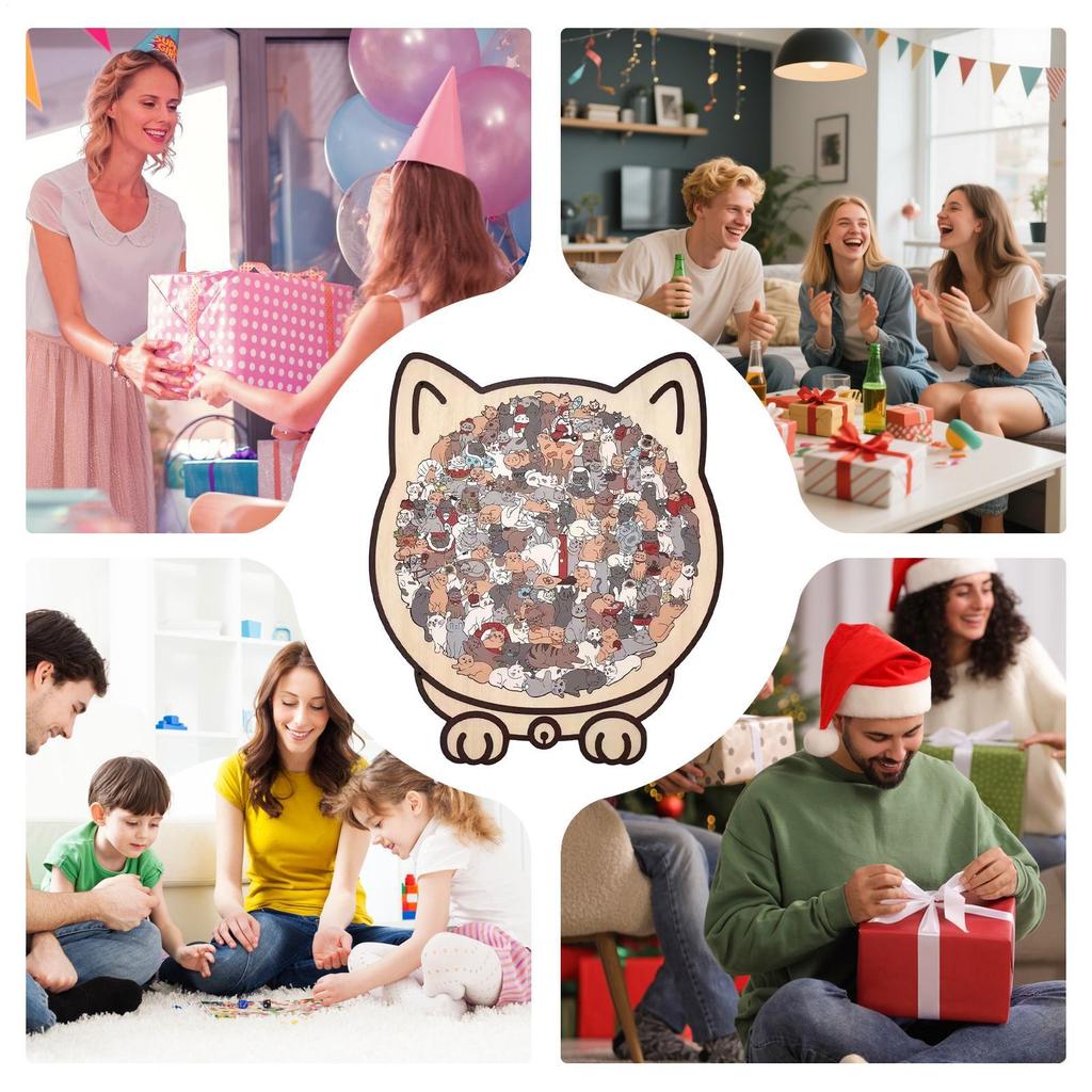 135pcs Cat-shaped Wooden Jigsaw Puzzle Unique Irregular Puzzle Pieces Game Birthday Xmas Gifts for Cat Lovers Home Decorations