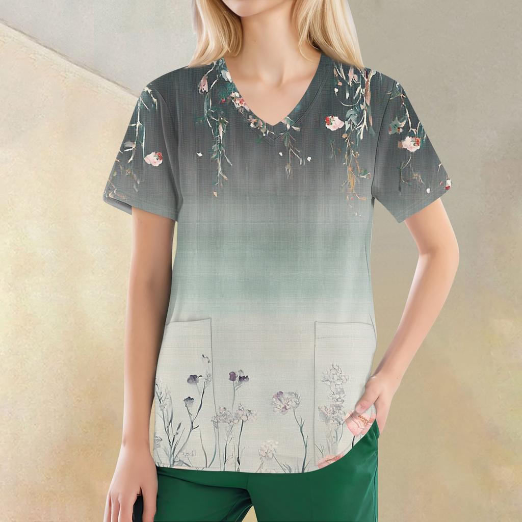 Women's V-neck Fashion Casual Printed Tops And Protective Workwear