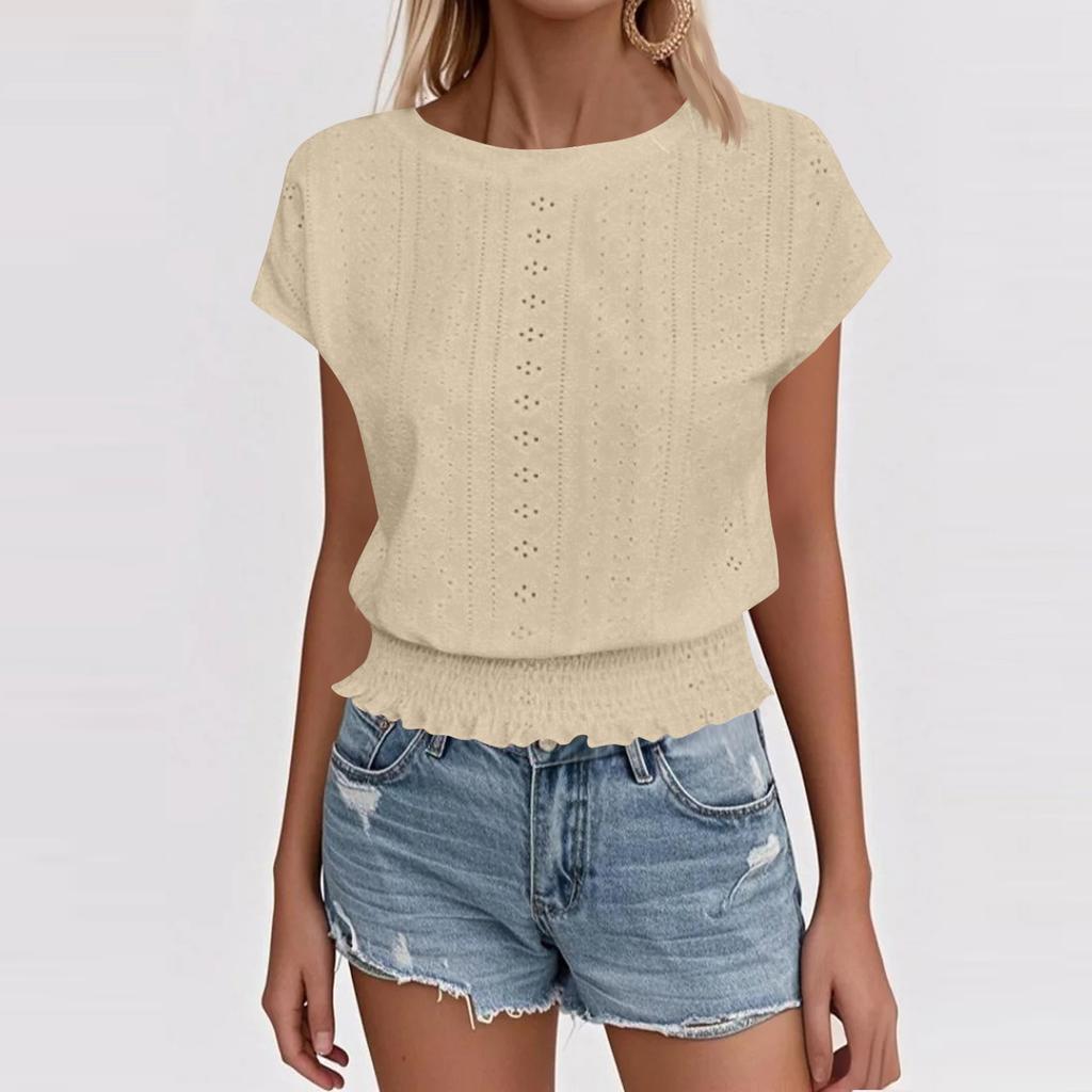 Ladies' Fashionable Round-neck Solid-color Short-sleeved Shirt With Cutout For Summer