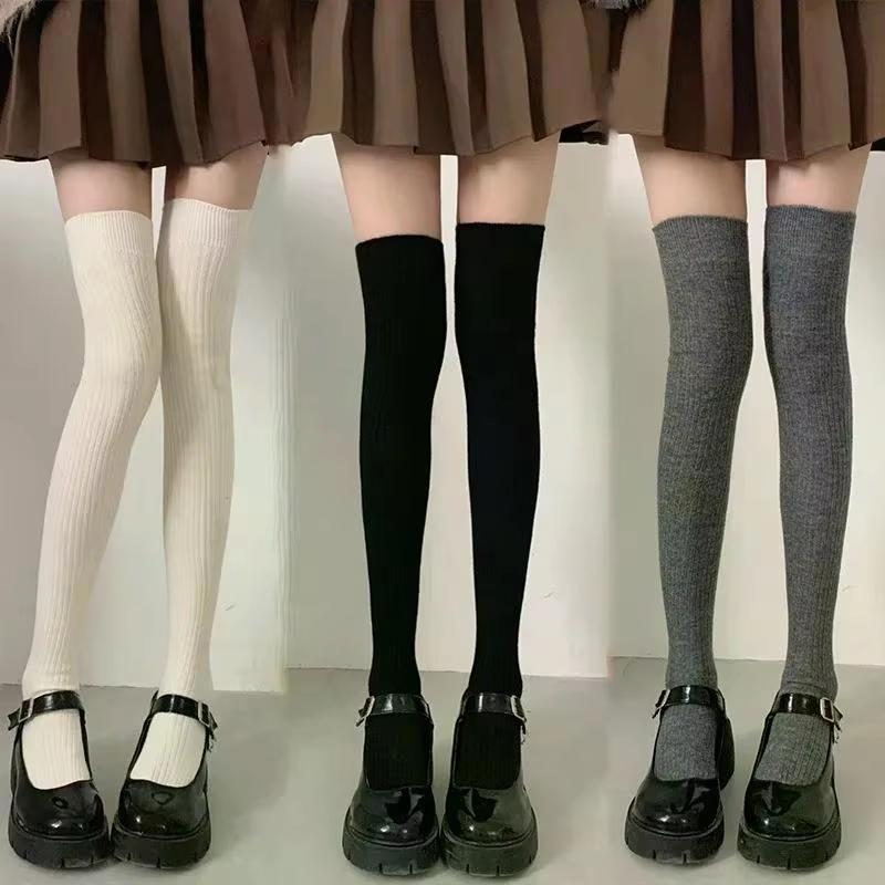 Wollsocken Damen Herbst/Winter Einfarbig Oberschenkelhoch Medias Lolita Dicke Warme Strümpfe Schwarz Weiß Lange Beinsocken Für Damen One Size black