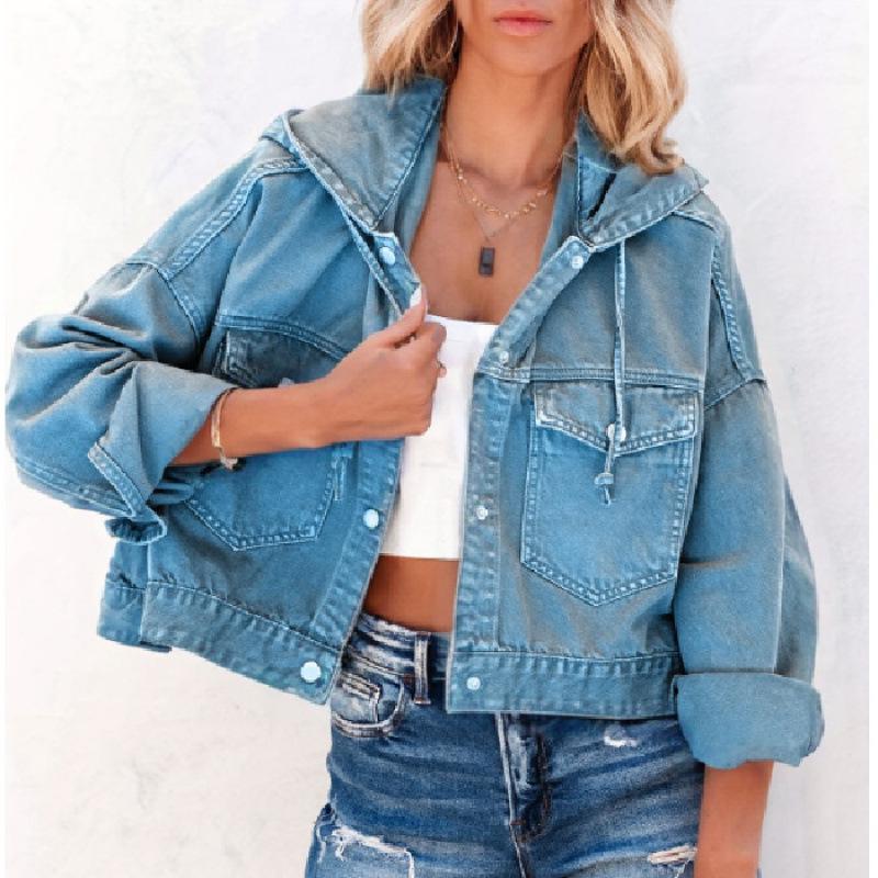 

Trendy European and American Women s Casual Washed Denim Hooded Jacket S