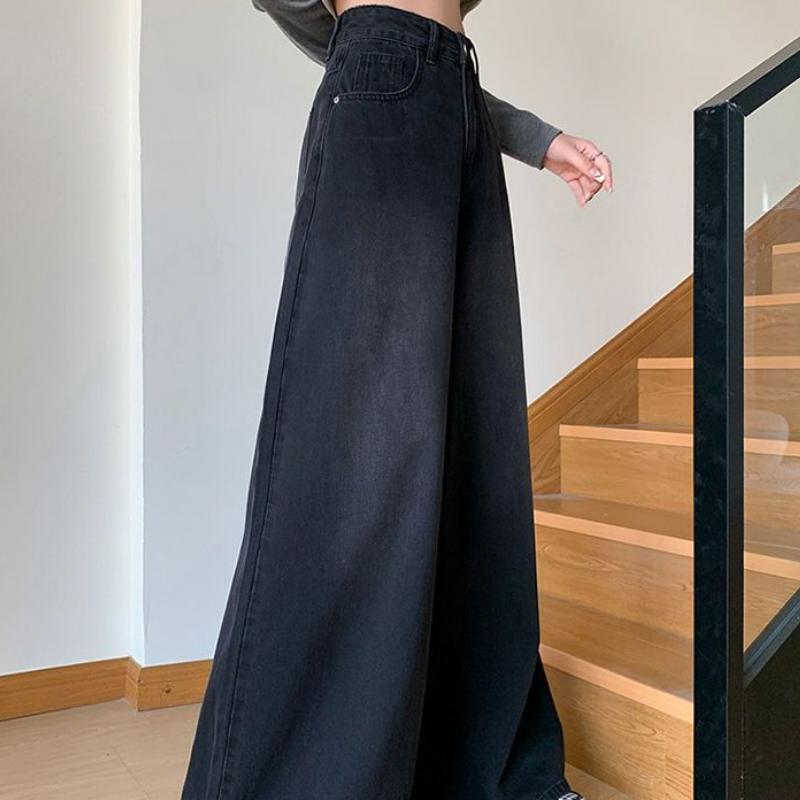 Damen Herbst Schwarz Grau Weitbeinjeans High Waist Locker Lässig Vielseitig Gewaschen Gerades Bein Bodenlang Trendige Hose