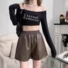 2025 Plus Size Women's High Waist PU Leather A-line Slimming Bootcut Shorts - Autumn/Winter Collection