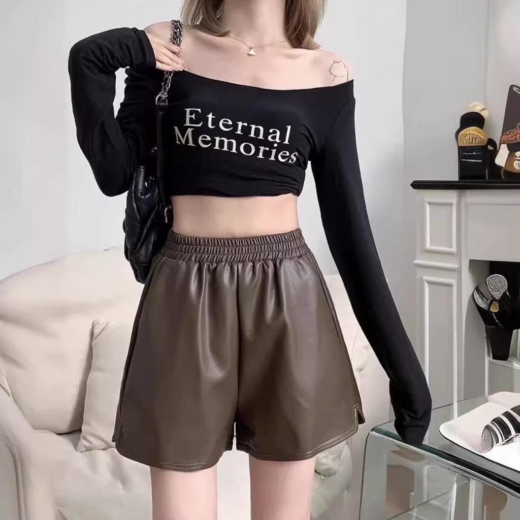 2025 Plus Size Women's High Waist PU Leather A-line Slimming Bootcut Shorts - Autumn/Winter Collection