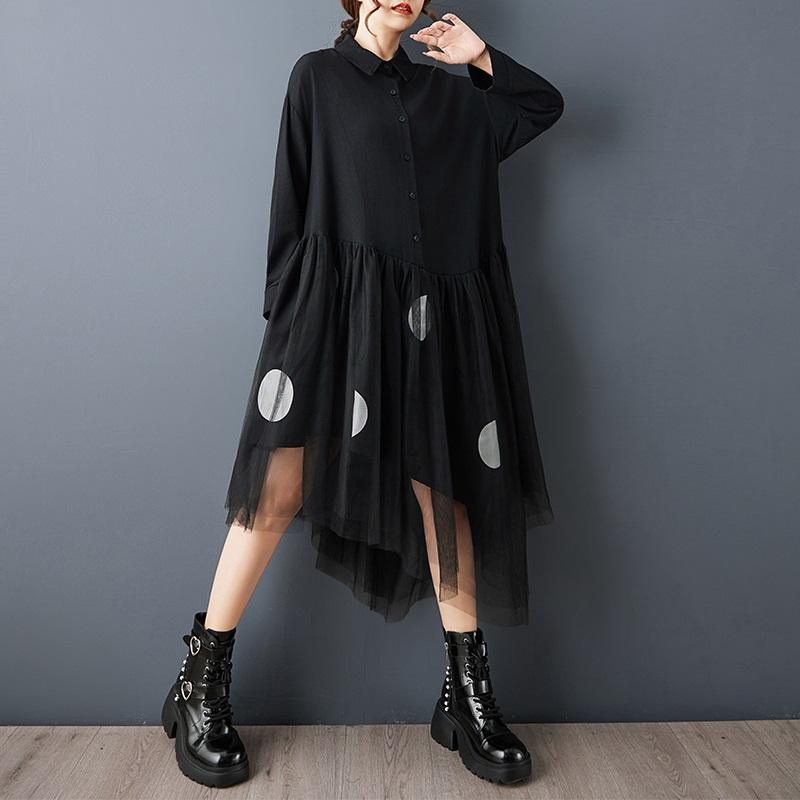 Robe chemise à manches longues grande taille en coton noir à pois vintage, nouvelle collection, robes pour femmes, décontractée ample, printemps automne