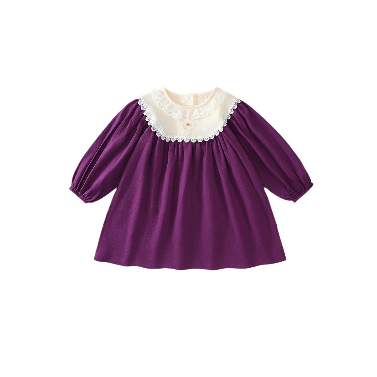 

Платье для девочек с длинными рукавами из фиолетового кружева, осень 2024 г., новое детское платье принцессы во французском стиле в стиле ретро 110cm фиолетовый