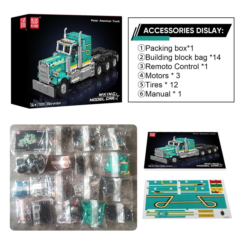 Mould King 13201 Zestaw do budowy ciężarówki, Model ciężarówki sterowany przez aplikację i RC, Zestaw klocków do budowy pojazdu przyczepy STEM, Kolekcjonerski