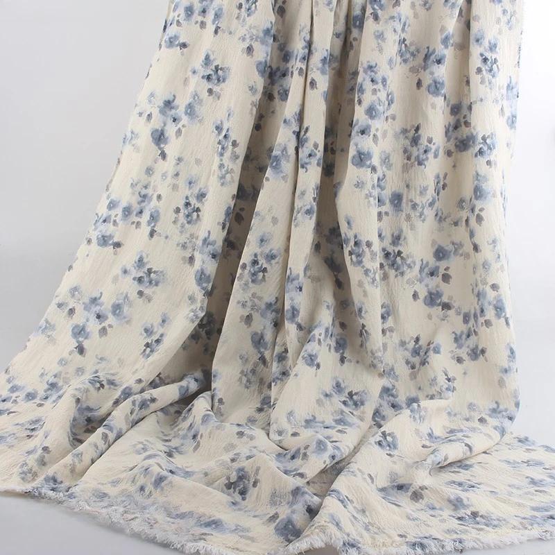 New Ink Print Floral Dress Fabric French Loose Halter Slimming Chinese Style Bubble Skirt Fabric Sewing for Clothes Dresses