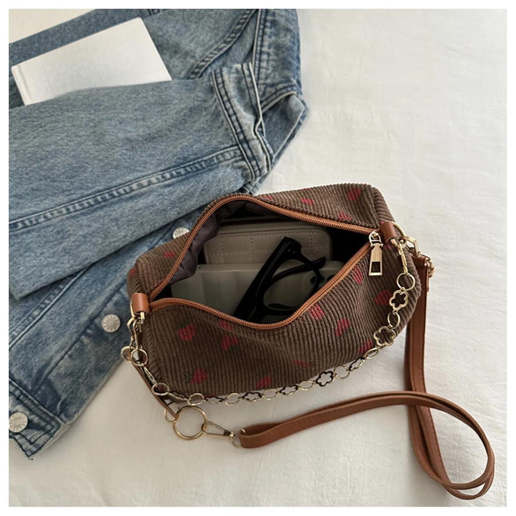 Strawberry Printed Mini Crossbody Bag for Women Fashion Corduroy Underarm Bag Student Travel Handbag