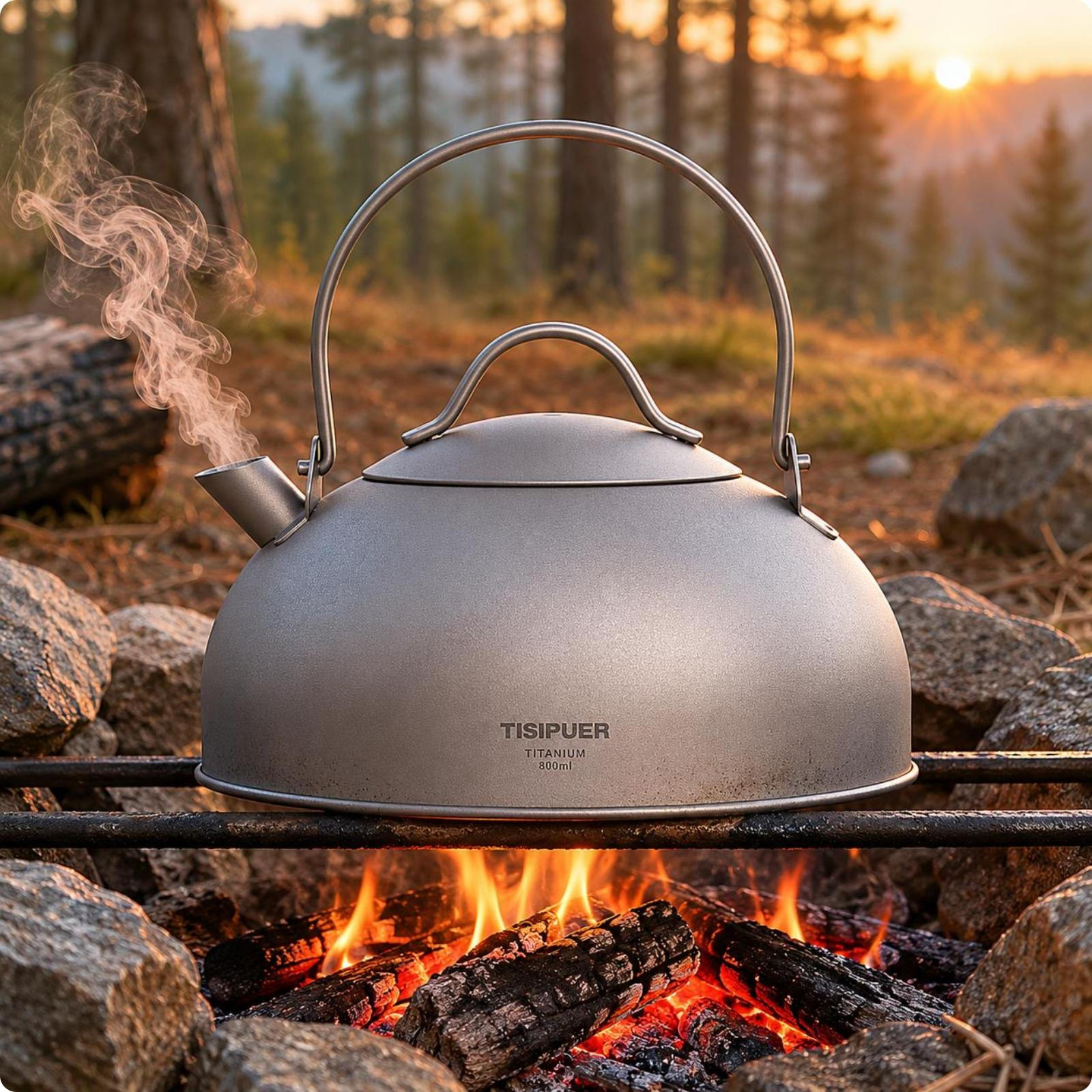 Kettle Matte SilverGray Camping Rounded Metal Body Outdoor Teapot