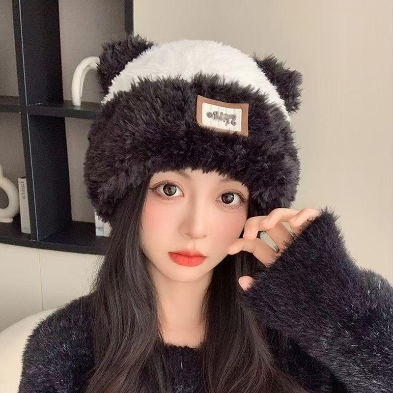 New Cute Bear Plush Hat Women's Winter Warm Fur Hat Shows a Small and Sweet Furry Knitted Hat