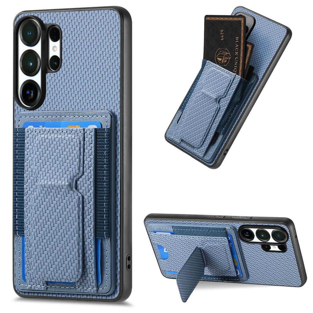 Luxury Carbon Fiber Pattern Vertical Card Solt Holder Wallet Leather Case For Samsung S25 Ultra S24 Plus S23 A17 A07 Stand Cover