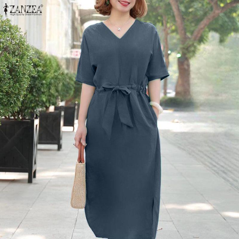 ZANZEA Womens Casual V-neck Solid Color Loose Half Sleeve Long Dress