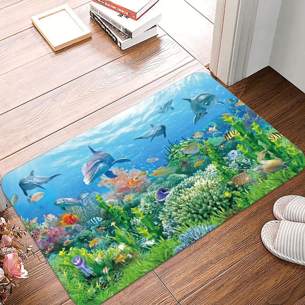 Romantic Sunset Ocean Door Mat with Dolphins and Coral Reefs Non-slip Entrance Rug for Home Decor Living Room Bedroom Decoration