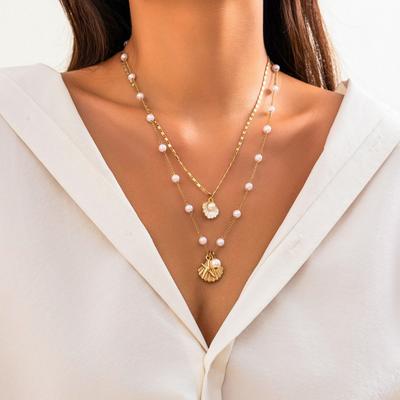 Colar feminino com duas camadas de concha estrela do mar pingente pérola falsa decoração comprimento ajustável tema oceano clavícula colar baile festa cosplay pescoço joias