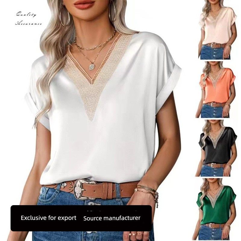 

2024 Satin Loose Short Sleeved Shirt Top Skin color L