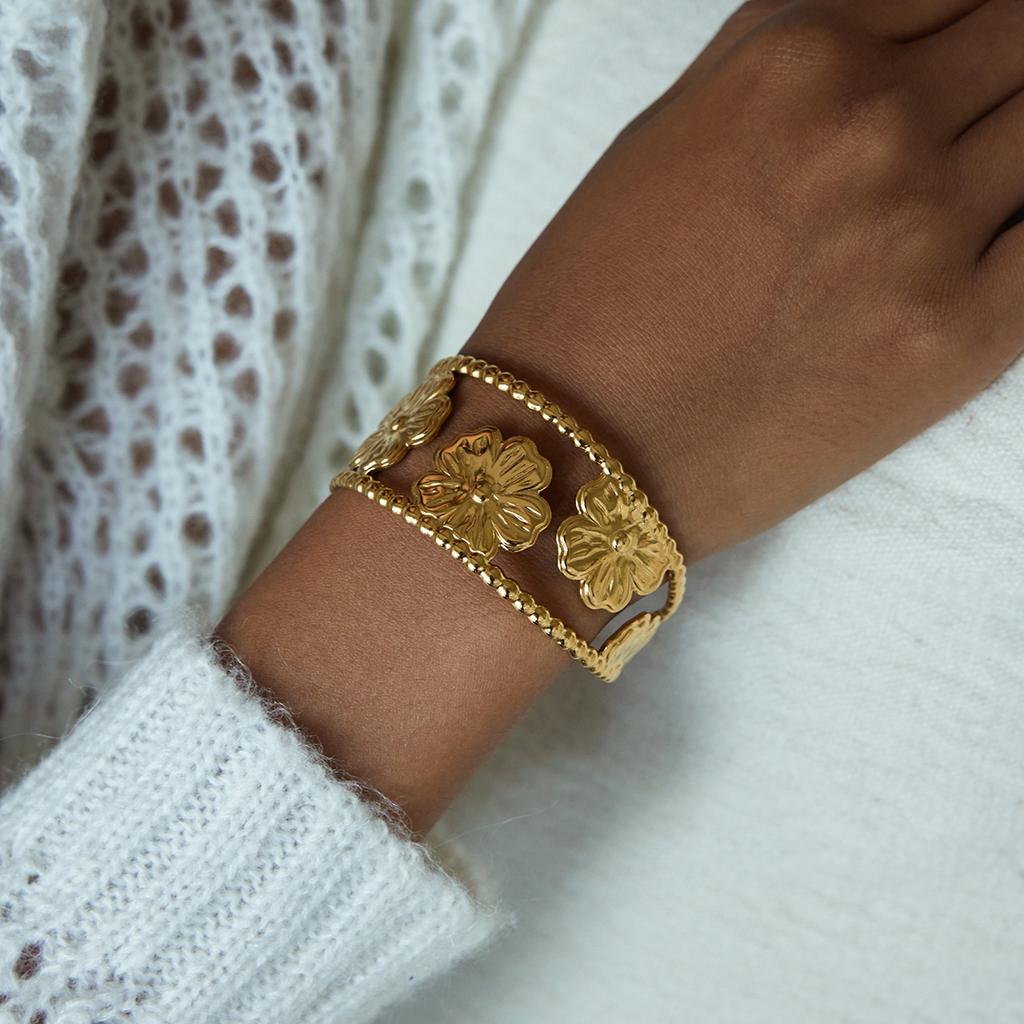 Yori Waterproof Stainless Steel Flower Hollow Wide Open Bracelet Bangle 18K Gold Plated Fashion Women Trendy Jewelry Bijoux