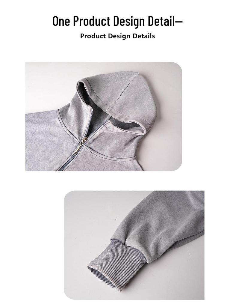European Style 350g Cotton Hooded Distressed Zip-Up Cardigan - Unisex Trendy Jacket