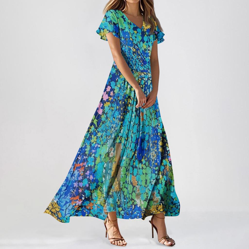 Women Casual Floral Print Maxi Dress V Neck Short Sleeve Lightweight Long Dress with Flowing Skirt for Everyday Wear