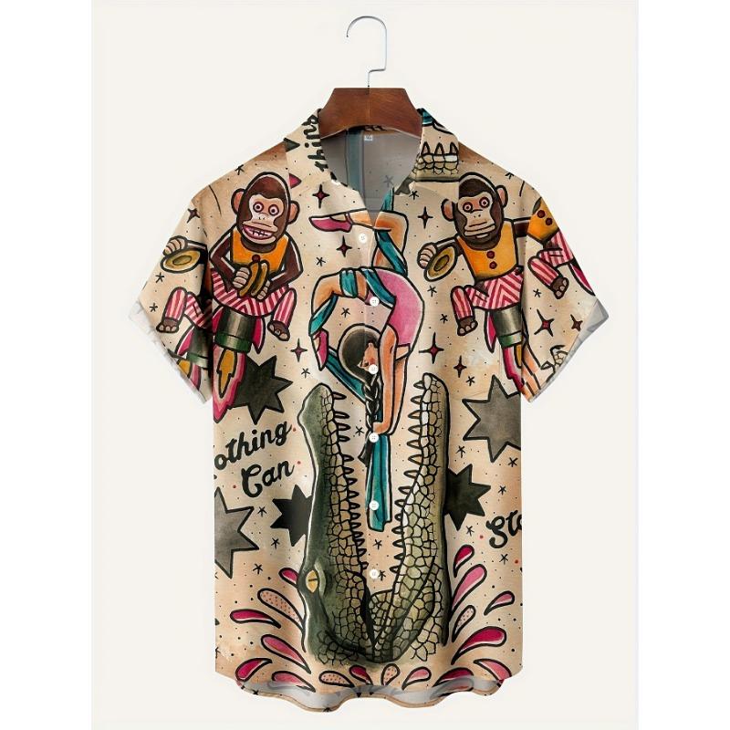 Übergröße Herren Sommer Anime Krokodil und Gorilla Druck Lässiges Mode Kurzarm 2024 Neu Hawaiianisches Hemd 2XL beige