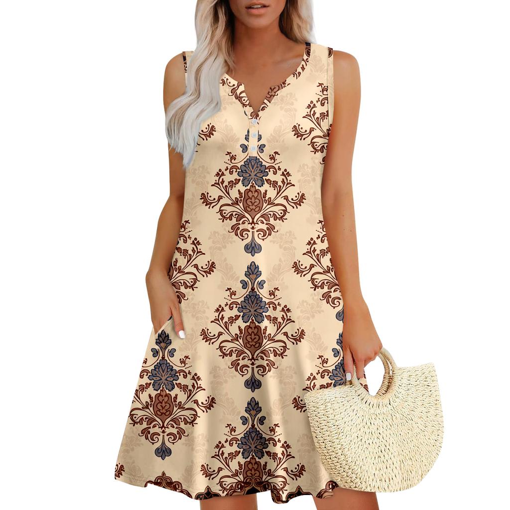 Damen Sommerkleider Lockeres V-Ausschnitt Ärmelloses Sommerkleid Kleid Mit Taschen