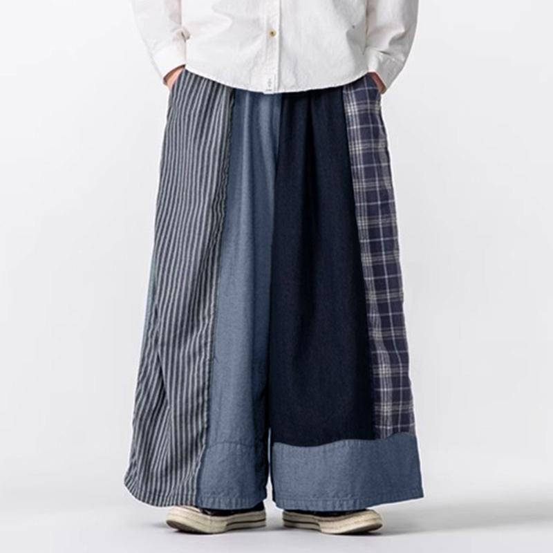 

INCERUN Men Casual Elastic Waist Patchwork Plaid Long Baggy Wide Legs Pants Trousers 4XL синий