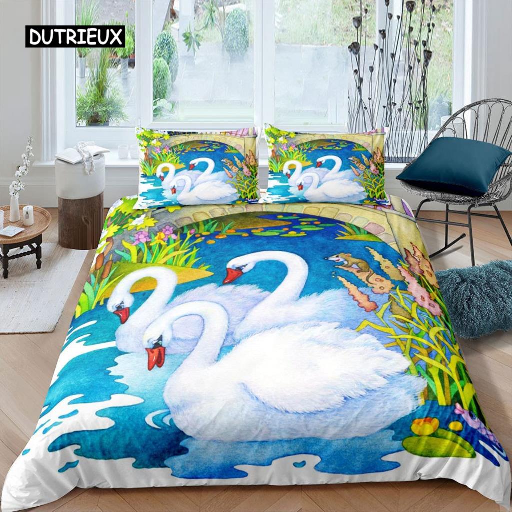 Swan Duvet Cover Black and White Swan Duvet Cover Queen Bird Comforter Cover Microfiber Romantic Flower Wild Animals Quilt Cover