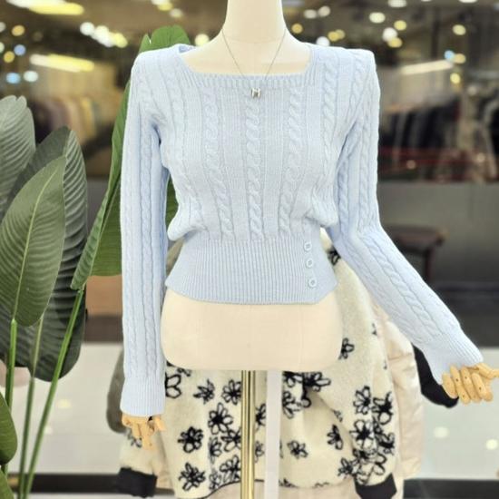 Button Decorated Cable Knit Square Neck Knit Top (C26B7FKT011) FREE чёрный