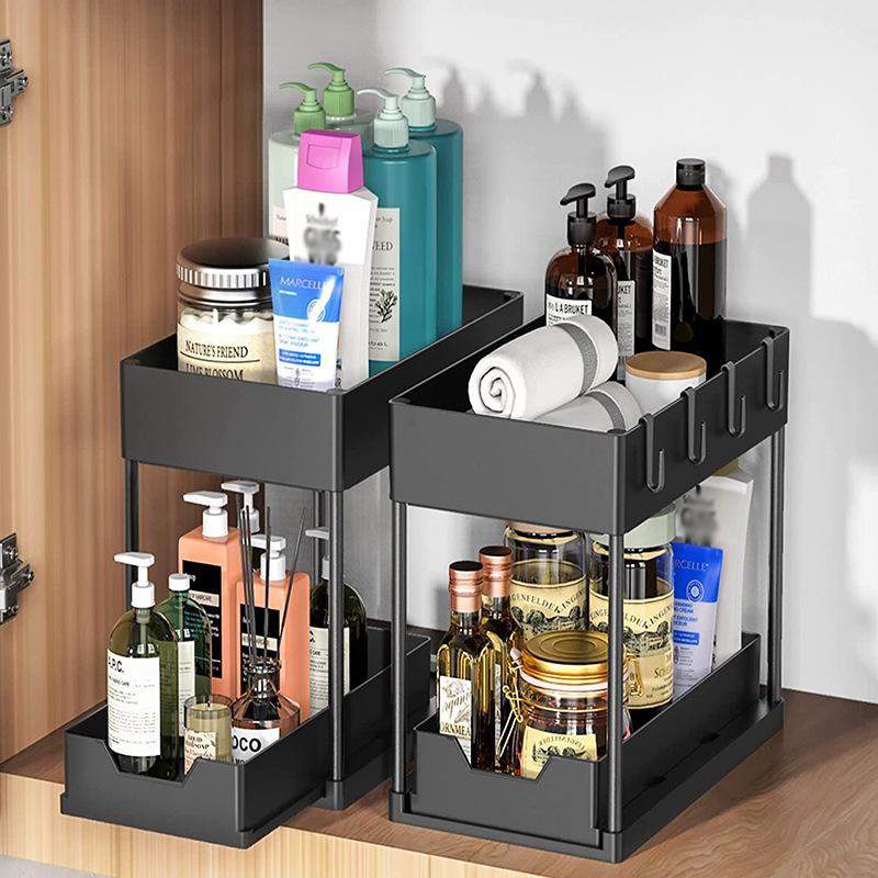 Multi Purpose 2Tier Kitchen Sink Organizer Sliding Basket Rack with Hooks Space Saving Shelves for Utility Room