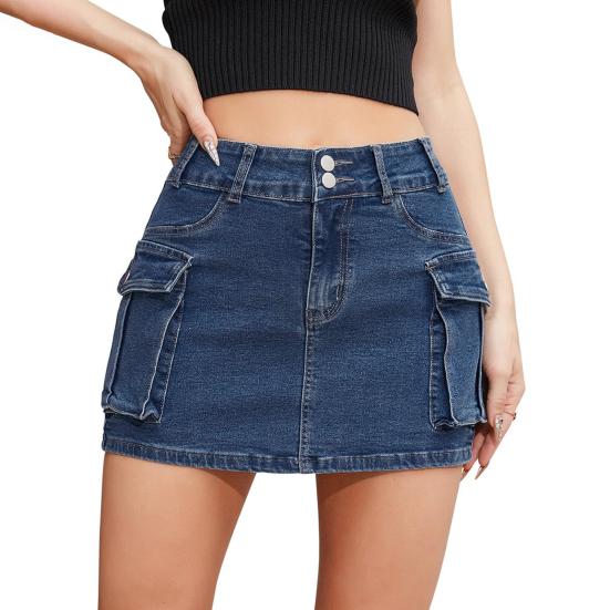 Women Mini Denim Skirt Low Waist Cargo Skirt with Pocket Solid Color Button Zipper Fly Short Skirt Streetwear