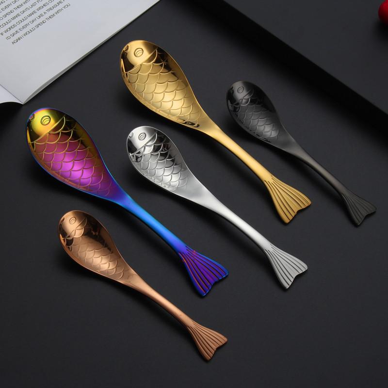 304 Stainless Steel Fish-shaped Tea Spoon Golden Thickened Coffee Spoons Dessert Cake Tools Colors Kitchen Table Decoration