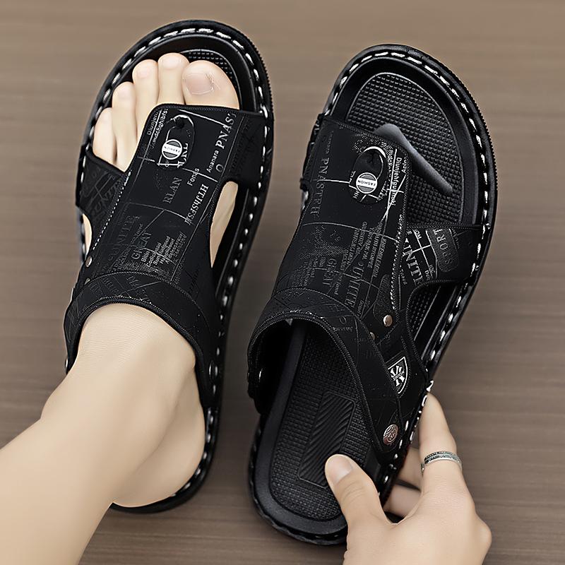 

Мужские пляжные сандалии с нескользящей подошвой, модный бренд, повседневная мужская обувь, удобные кожаные простые мужские шлепанцы, мужские летние полуботинки в ретро-стиле 38 чёрный