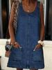 Womens Sleeveless Denim Overall Mini Dress Crew Neck Jean Dress with Pockets