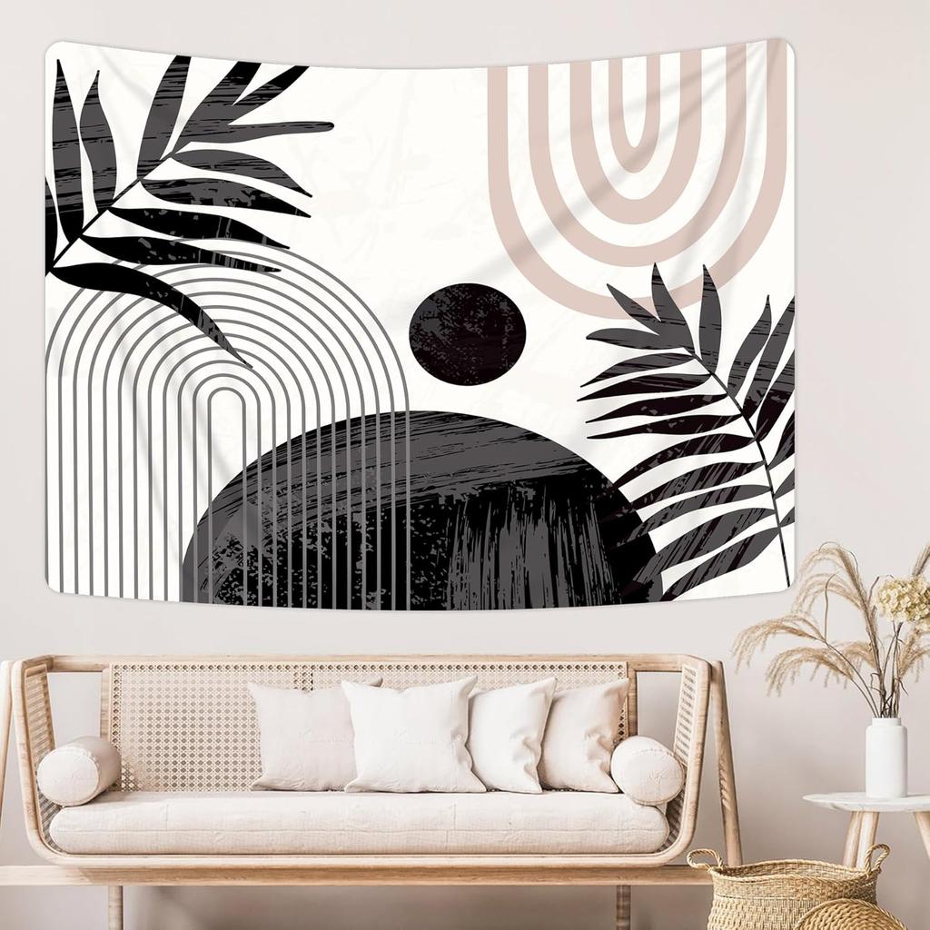 Abstract Black Boho Mid Century Tapestry Modern Aesthetic Minimalist Wall Hanging Sun Leaves Pink Arch Neutral Contemporary