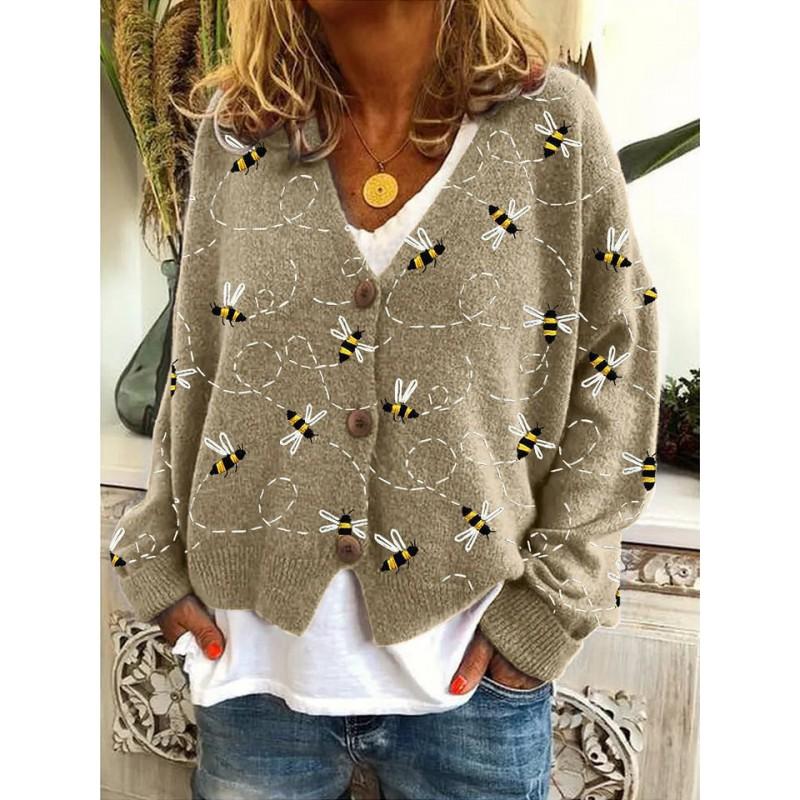 Womens Christmas Print V-Neck Open Front Cropped Long Sleeve Knit Sweater Loose Fit Casual Style
