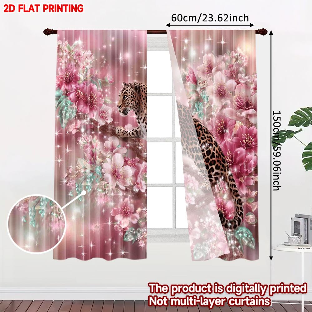 Modern Leopard Pink Flower Curtains Digital Printed Window Drapes Animal Floral Design Living Room Bedroom Decor Set Of 2 Made Polyester