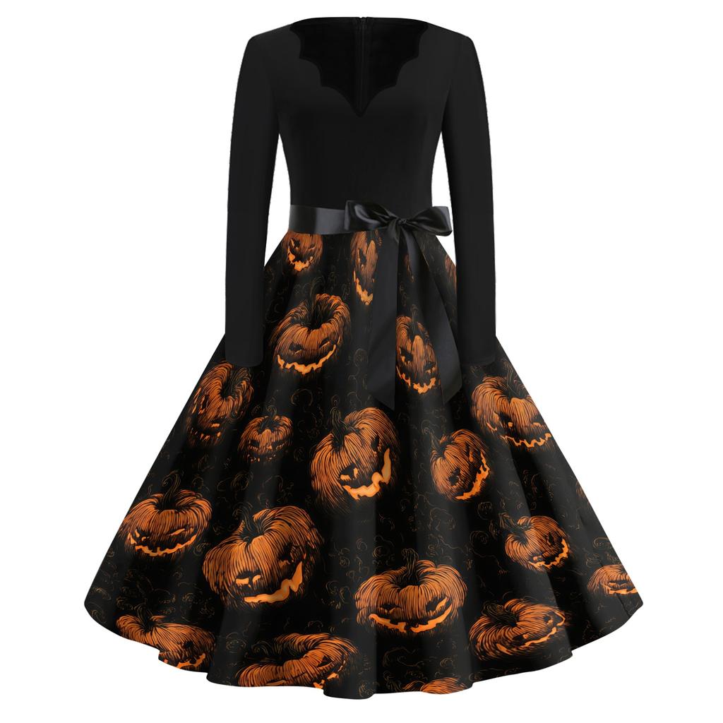 Womens Halloween Printed Size Dress Crew Neck Long Sleeve Vintage Swing Dress with Belt Pocket Free Design