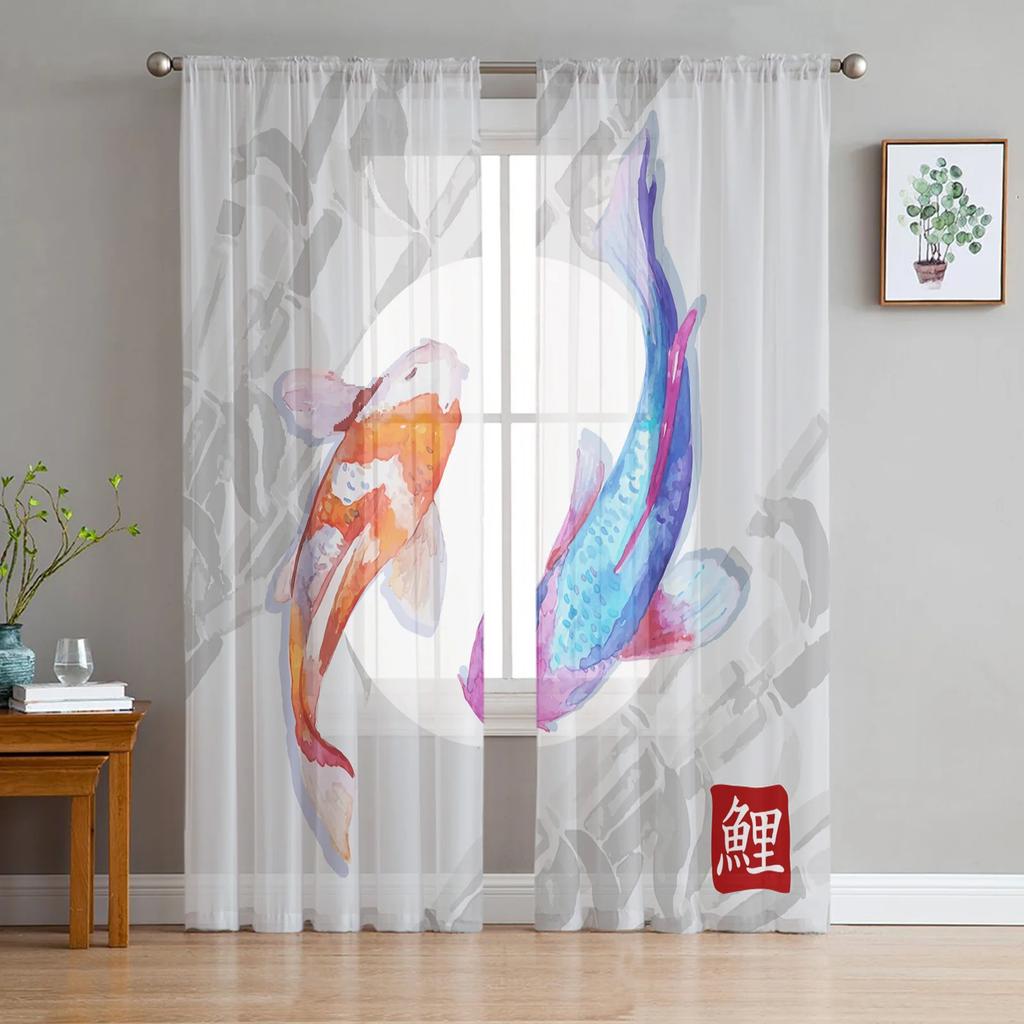 Modern Polyester Carp Chinese Style Toyo Tulle Curtains Living Room Bedroom Voile Drapes Printed Design Light Filtering Made Of Area Decor