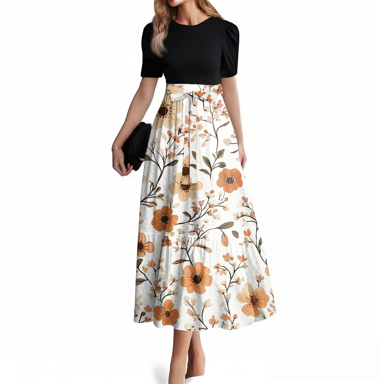 

Women s Fashion Casual Belt Short Sleeve Round Neck Stitching Elegant Temperament Dress XXL коричневий