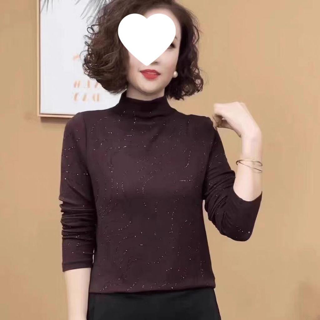 Autumn/Winter Heavy Drilling High Neck Long Sleeve Tummy Concealing Age-Reducing Top for Middle-Aged & Elderly Women