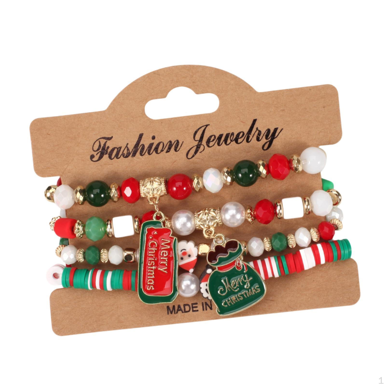 

4 Pieces Christmas Bracelets Set Beaded Elastic Bohemian Boho Style B