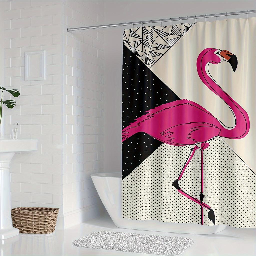 1pc High Quality Flamingo Shower Curtain - Modern Nordic Minimalist Cartoon Design with Geometric Patterns, Vibrant Pink & Black