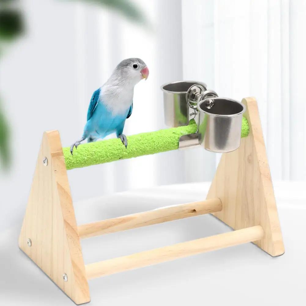 Bird Toy Firm Triangle Stand with Feeding Cup Playing And Resting Wood Pet Parrot Training Stand Parakeet Playground