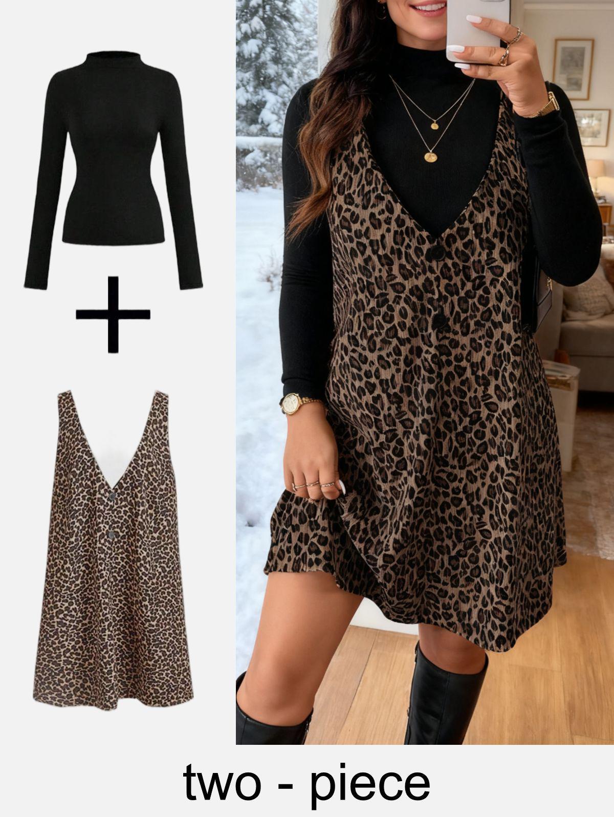 Leopard Print Two-Piece Vest and Long Sleeve Dress Set S