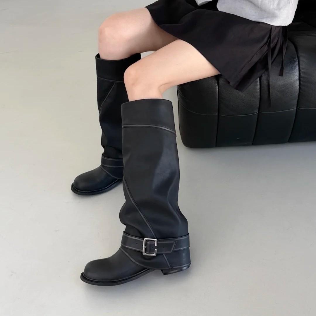 

Cowhide Edition~ Niche Skinny Tall Pants Boots Women s 2025 New Belt Buckle Western Boots Splicing Boots 40 чёрный