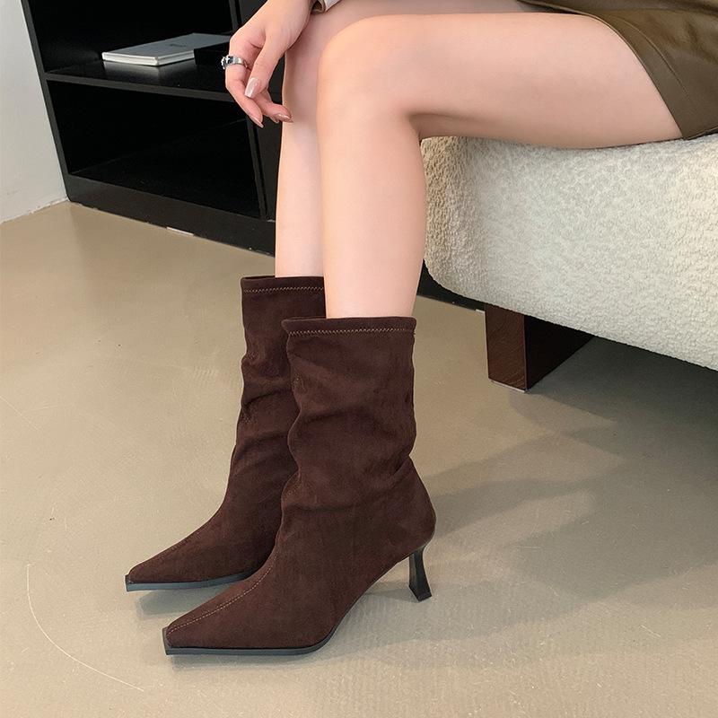 Pointed Short Boots Women's Thin Heel 2025 Sense New Autumn and Winter High Heel Medium Tube Thin Boots Women