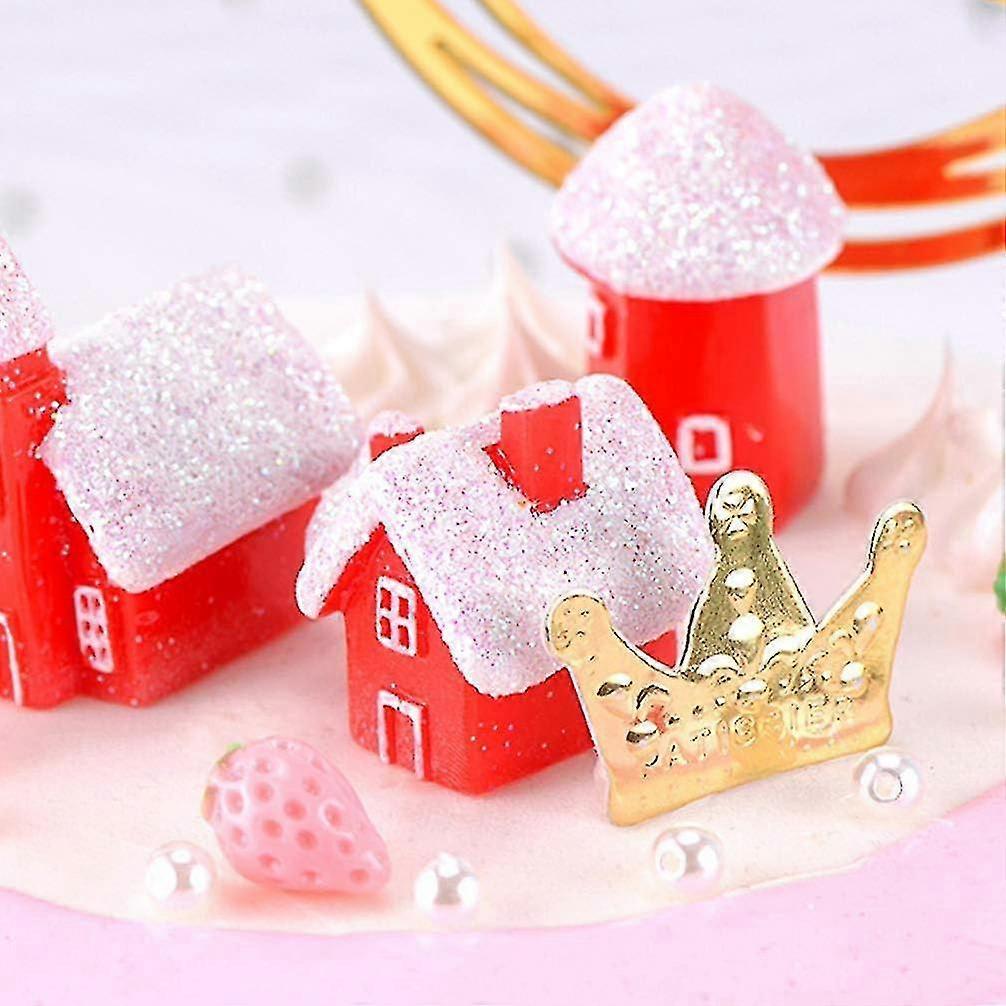 Miniature Christmas Village Houses Mini Christmas Glitter Snow Villa House Ornaments Christmas Decoration For Dollhouse Fairy Garden4pcsred