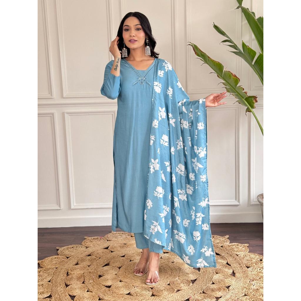 Indian Bollywood Chanderi Kurti Women Designer Top Tunic Kurta Pant Dupatta Set SC-2288