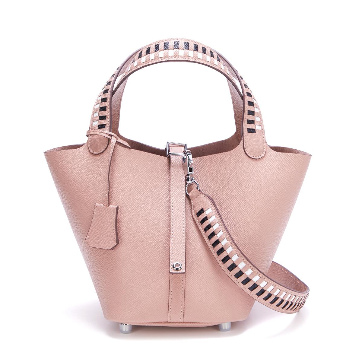 

Новая сумка-корзина для овощей из коровьей кожи с рисунком пальмы, плетеная, контрастного цвета, модная сумка на запястье с широким ремнем на одно плечо 20x16x20cm розовый