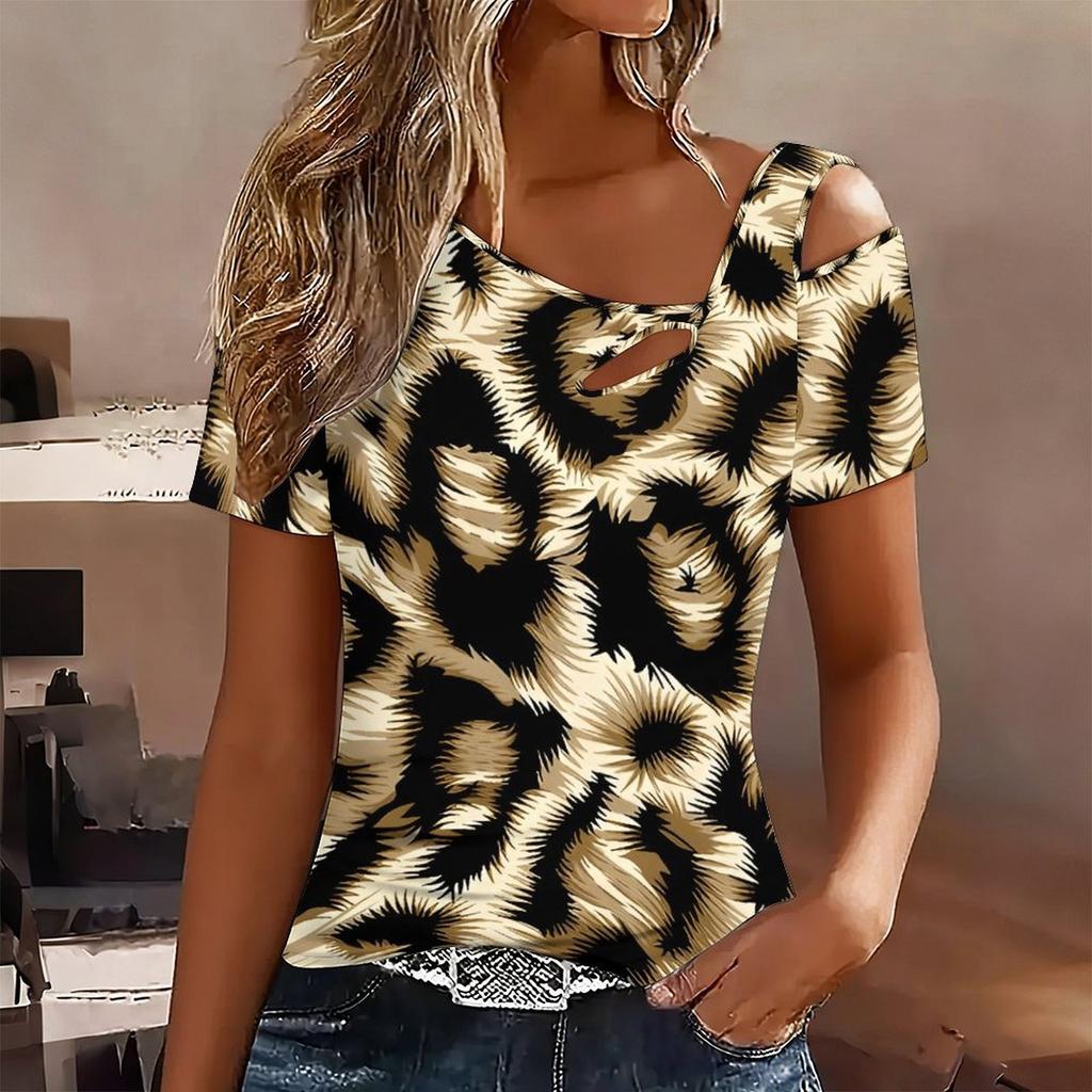 Women Leopard Print Cold Shoulder Short Sleeve T Shirt Irregular Cutout Neck Casual Summer Blouse Top